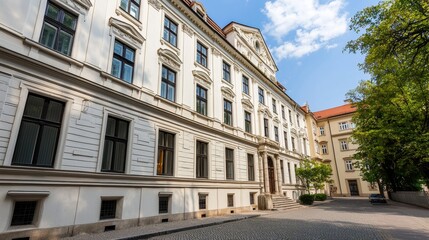 Naklejka premium A charming, historic building with a white facade, surrounded by greenery and a clear blue sky, showcasing architectural elegance.