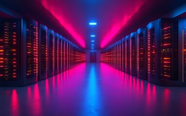 Fototapeta premium Illuminated server room with rows of racks. (1)