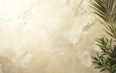 Beige textured background with tropical leaves.