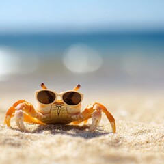 Playful crab wearing sunglasses on a beach fun animal photography sunlit coastal environment close-up view quirky concept
