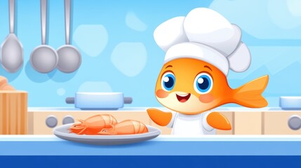 Culinary adventure playful chef fish prepares seafood in cozy kitchen cartoon style whimsical concept