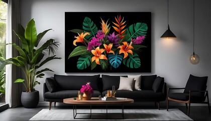 Vibrant Tropical Flowers Canvas Art Decorates Modern Living Room