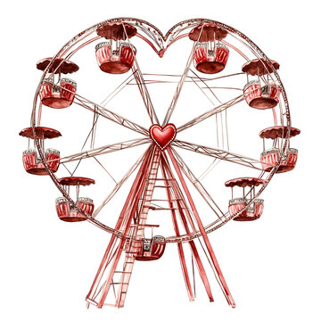 red heart-shaped ferris wheel watercolor clip art preview