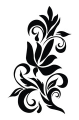 Floral Design A classic black and white floral design element featuring elegant, curved leaves and intricate detailing. Ornamental Perfect for use in decorative borders, logos

