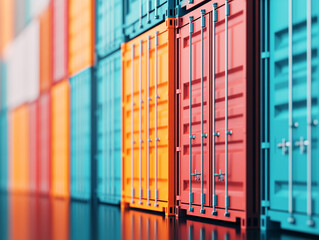 Fototapeta premium Cargo management. A vibrant display of shipping containers in various colors, emphasizing logistics and storage solutions in a modern setting.