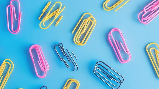Office paper clips in blue, pink, yellow, silver and black. School supplies. Stationery elements. background with white color. 3D illustration