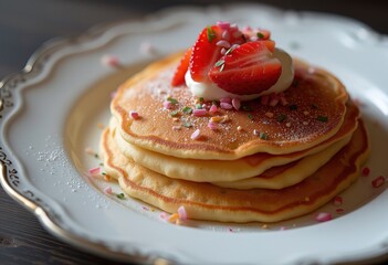 Strawberry-topped pancakes with whipped cream and sprinkles