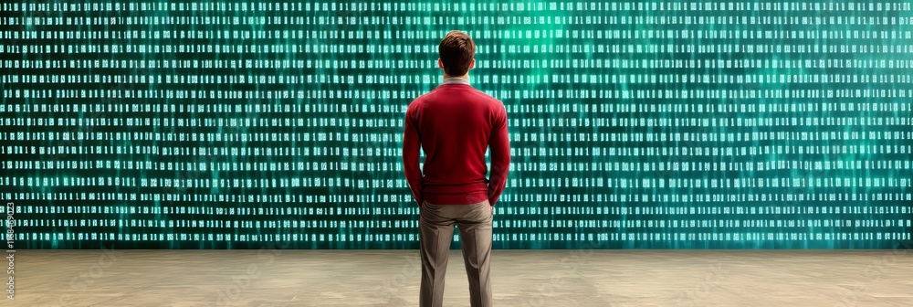 Poster man in center of data room surrounded by glowing green code and digital screens with financial model