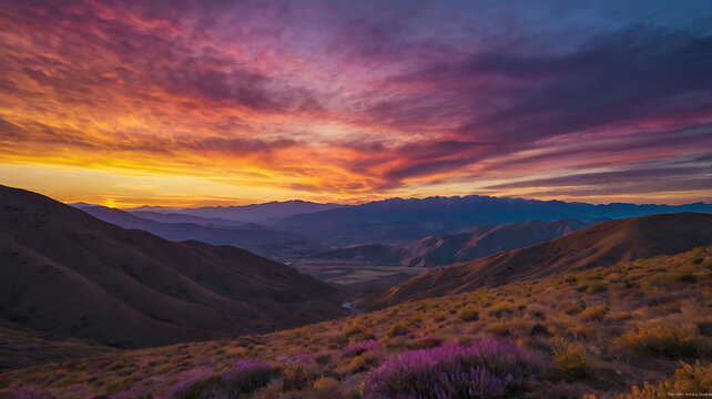 A vivid sunset over a mountain range, with the peaks silhouetted against a sky painted in purples, blues, and golden yellows.