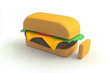 A cartoon-style cheeseburger with lettuce, tomato, and a slice removed.