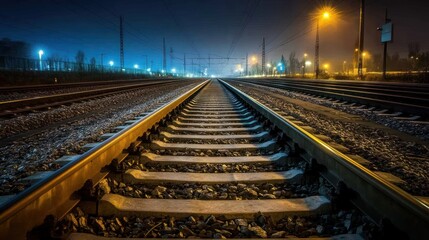 Obraz premium Nighttime railway tracks extending into the distance