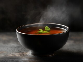 Steaming hot soup in a black bowl with fresh parsley garnish, perfect for cozy meals or elegant food presentations.