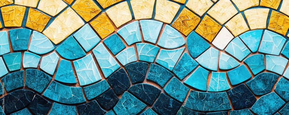 Poster mosaic abstract background concept. colorful mosaic pattern depicting ocean waves in blue, yellow, a