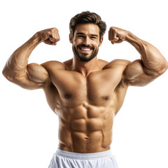 Smiling Muscular Man Flexing Biceps for Fitness Motivation on transparent background