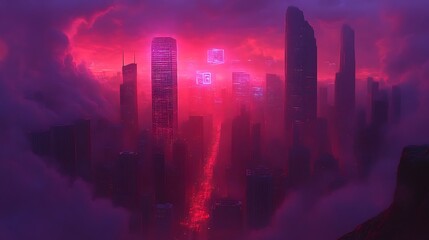Fototapeta premium Futuristic Cityscape Illuminated Crimson Night Sky