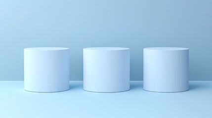 Three simple white cylindrical pedestals on a light blue background for display purposes.