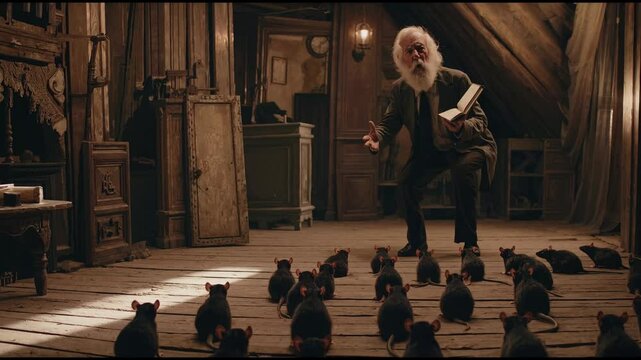Period Drama Scene with Authoritative Figure, Children, Rats, and Library Interior - Advertisement Overlay
