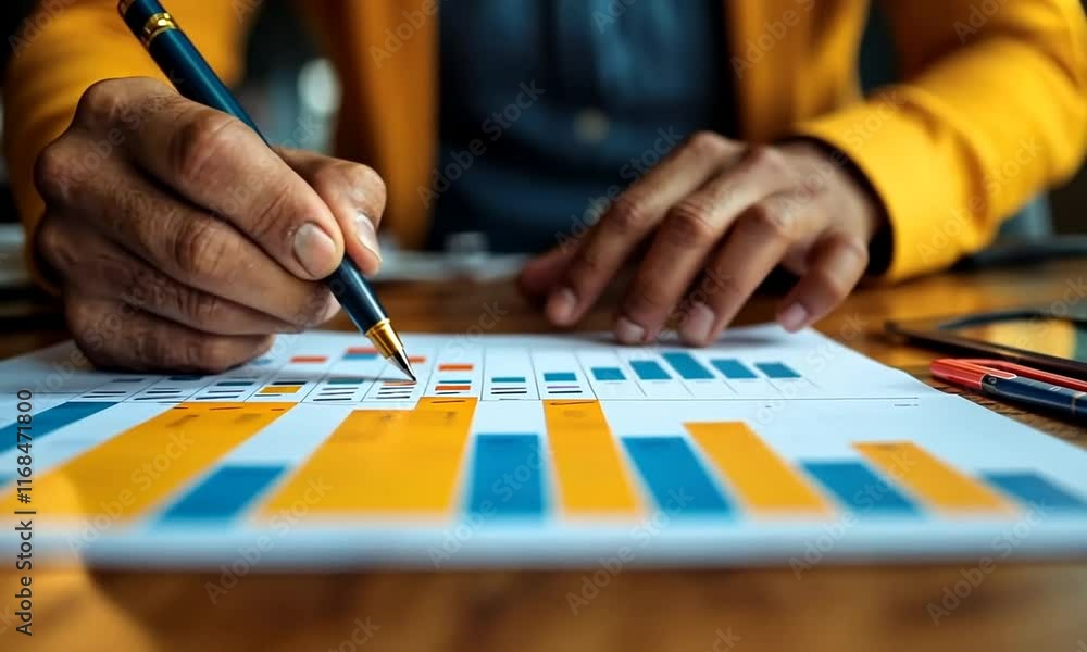 Poster analyzing business data: a close-up of hands reviewing charts and graphs