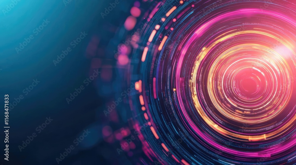 Poster Ink abstract background idea. Abstract digital art featuring circular patterns and vibrant colors in a futuristic design.