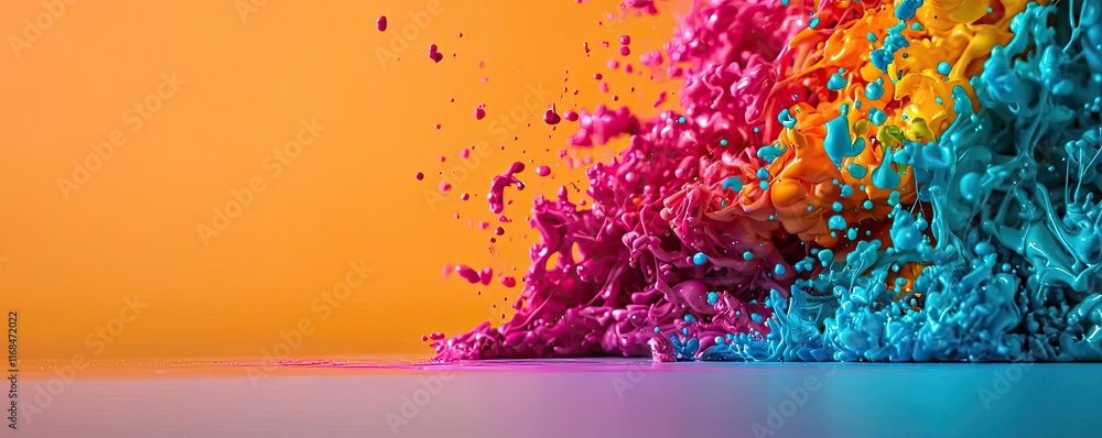 Poster ink abstract background idea. a vibrant splash of colorful powder against a contrasting orange backg