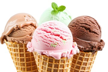 Vanilla  strawberry  chocolate  mint ice cream scoops in cones isolated on white background