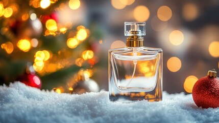 Festive perfume bottle in snow with Christmas tree bokeh background.
