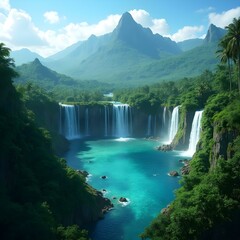Fototapeta premium A lush tropical mountain range with multiple waterfalls cascading into a turquoise lagoon, surrounded by dense jungle and a sunny blue sky