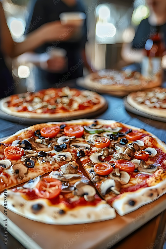 Poster group of people are gathered around a table with several pizzas on it. one of the pizzas has a lot o