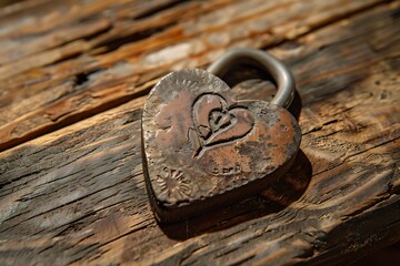 love lock engraved with initials placed on rustic surface