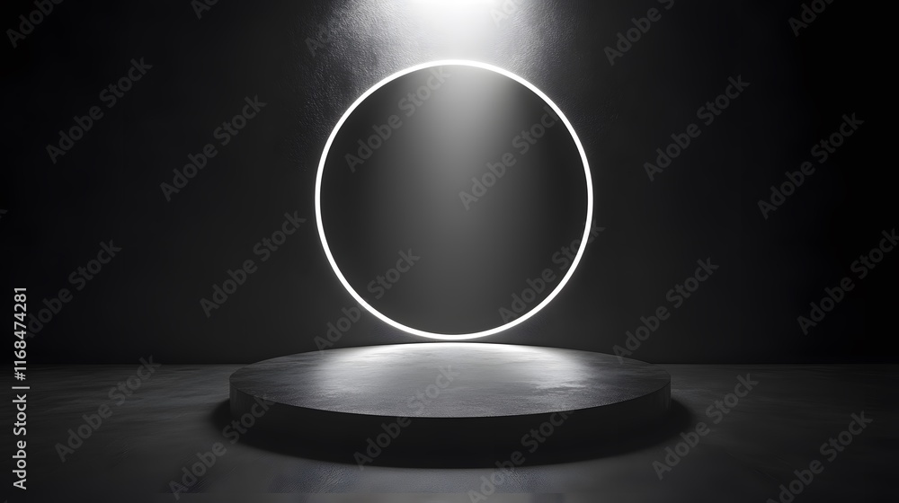 Poster dark studio setting with illuminated circular platform