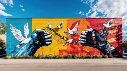 A bold mural showcasing political protest symbols, including fists, doves, and chains breaking