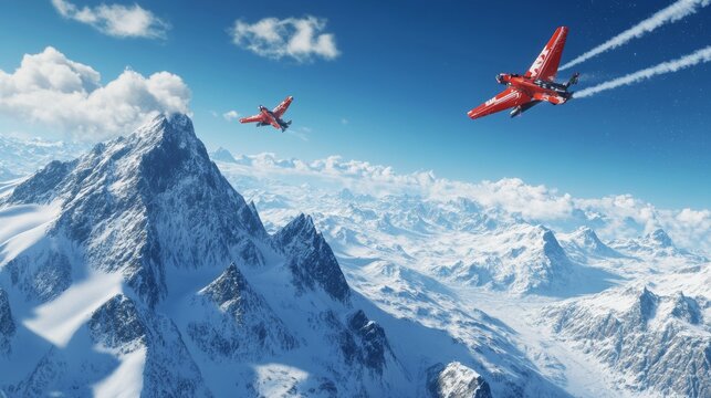 thrilling alpine adventure with dual extreme sports athletes mid-flight, dramatic snow particle effects, infinite blue sky canvas, distant snow capped peaks, ample design space right portion, dynamic