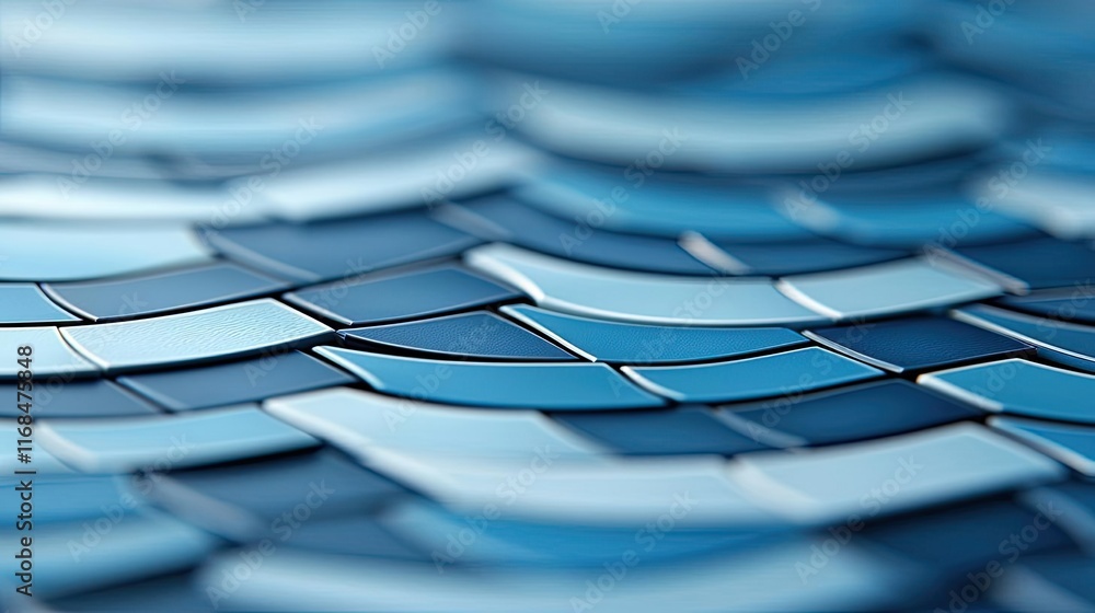 Poster Mosaic abstract background concept. Abstract pattern of blue tiles creating a flowing wave-like effect in close-up view.