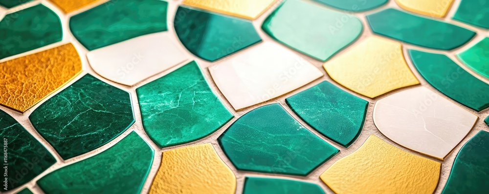 Poster mosaic abstract background concept. colorful mosaic pattern showcasing various shapes in green and g