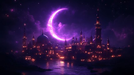 Night Cityscape Illuminated Under a Purple Crescent Moon