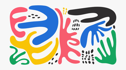 Abstract illustration with organic shapes in green, blue, pink, yellow, and black. A modern, colorful, and dynamic design with bold, fluid forms and patterns, ideal for creative backgrounds or decor.