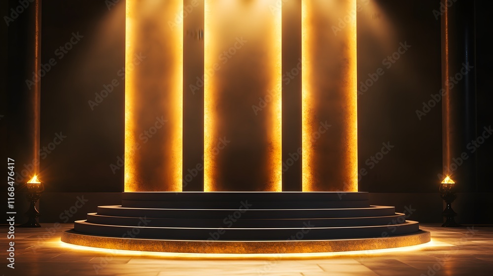 Poster illuminated circular platform with golden backdrop