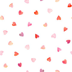 Seamless pattern with colorful scattered hearts, symbol for Valentine day, delicate watercolor isolated background for background, wrapping paper or cover.