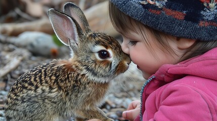 Child and Rabbit Nose to Nose
