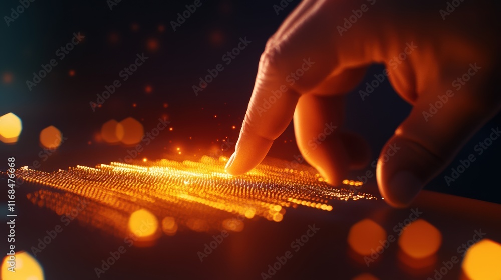 Poster a close-up of a finger interacting with glowing digital data in a tech environment.