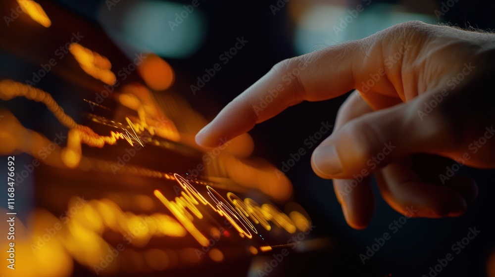 Poster a close-up of a finger touching a digital display showcasing data analysis.