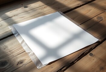 Blank white paper stack on wooden table in sunlight