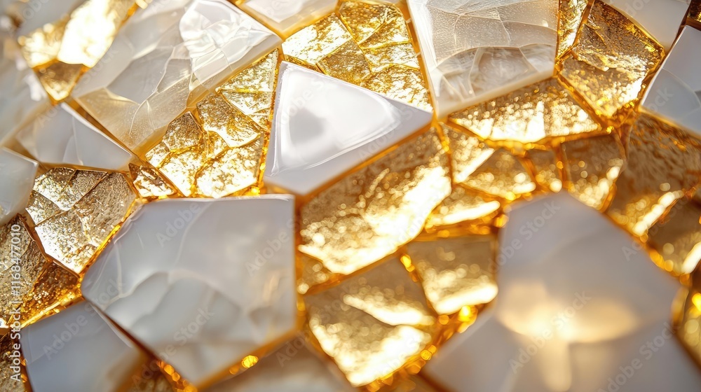 Poster mosaic abstract background concept. intricate mosaic tiles featuring golden and white designs with l