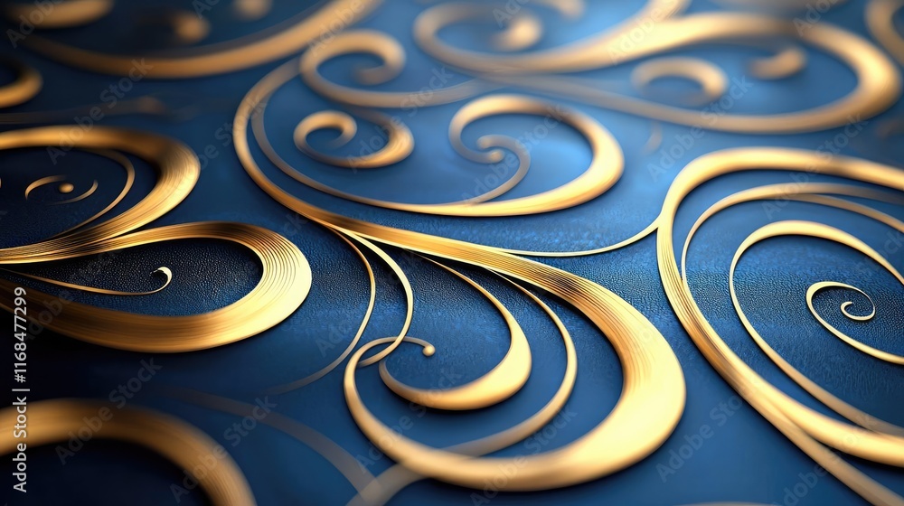 Poster ink abstract background idea. intricate golden swirls on a deep blue background, adding elegance and