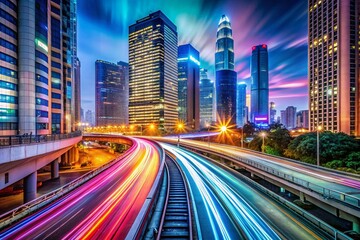 Fototapeta premium City Railway at Night - Long Exposure Light Trails & Modern Architecture