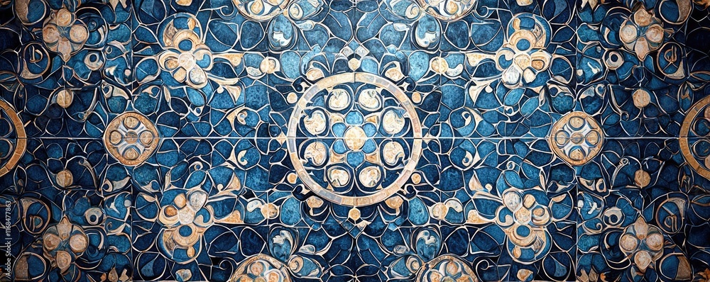 Poster Mosaic abstract background concept. Intricate blue tile pattern showcasing traditional architectural design elements.