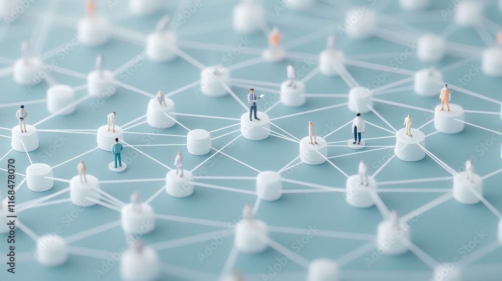 Poster connected world: miniature figures representing individuals interconnected by a network of lines, sy