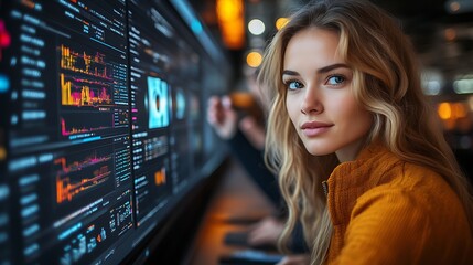 Woman looking over shoulder at data screen.