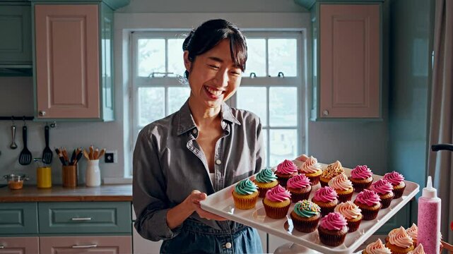 Baking Woman, Patterned Blouse, Countertop Kitchen, Displaying Decorated Cupcakes