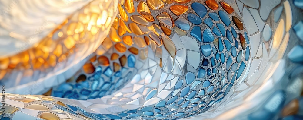 Poster Mosaic abstract background concept. A vibrant mosaic pattern showcasing fluid shapes and vivid colors in bright illumination.
